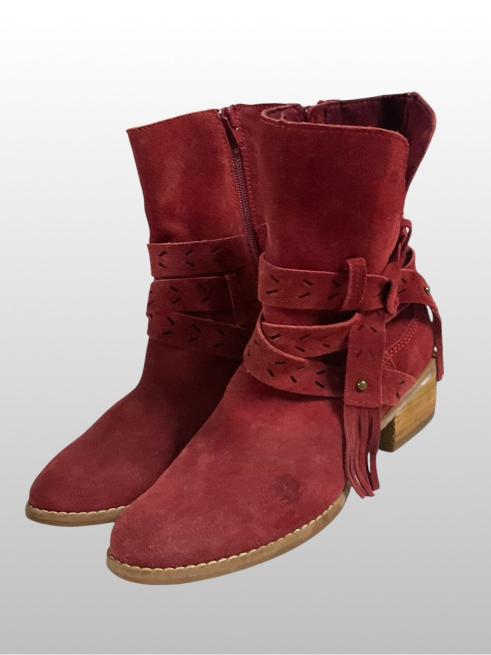 Women's Suede Red Ankle Boots with Decorative Wrap